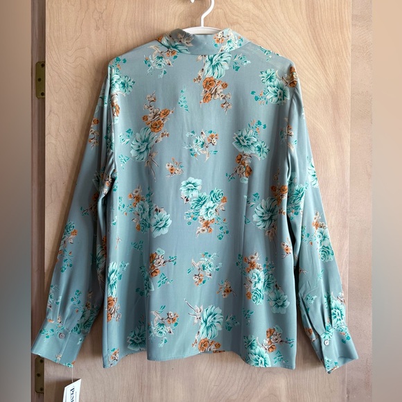 NWT Pendleton Silk Stretch Blouse Teal Gold Floral Button Front Women's Size 14 - Picture 12 of 16